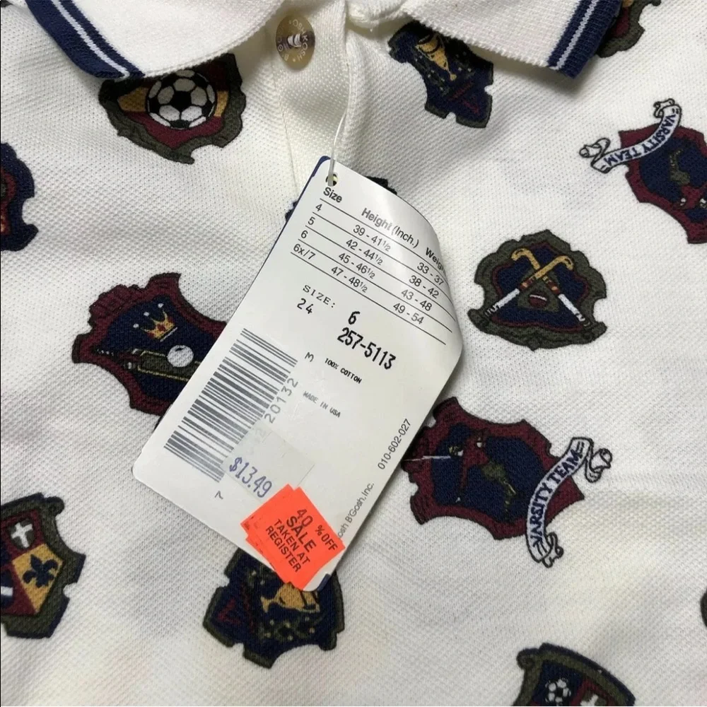 Vintage Oshkosh Bgosh Boys White Polo Long Sleeve Sport Academy Print